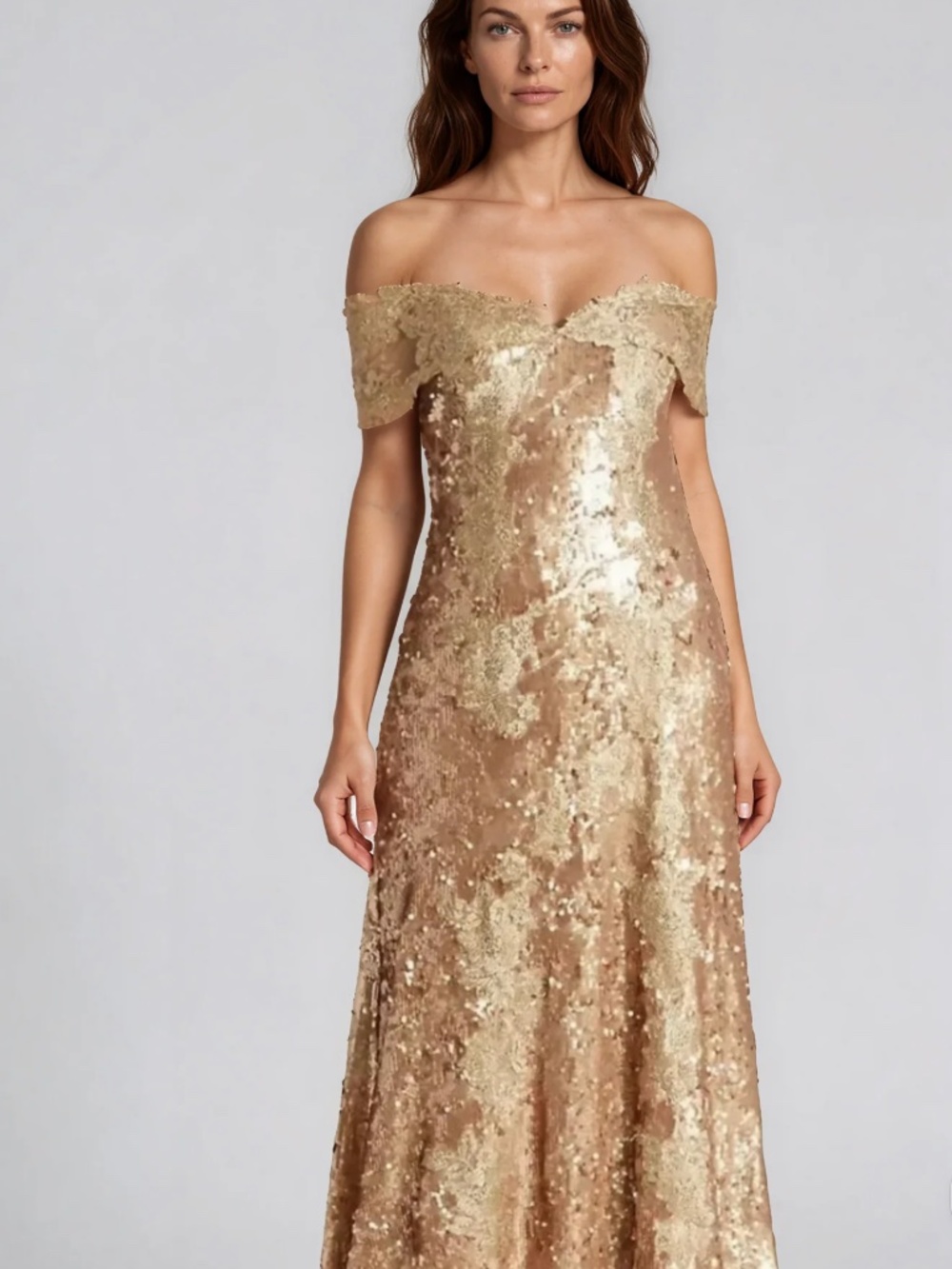 NWT Rene Ruiz Collection Metallic Off-the-Shoulder Gown US 6 $1995
